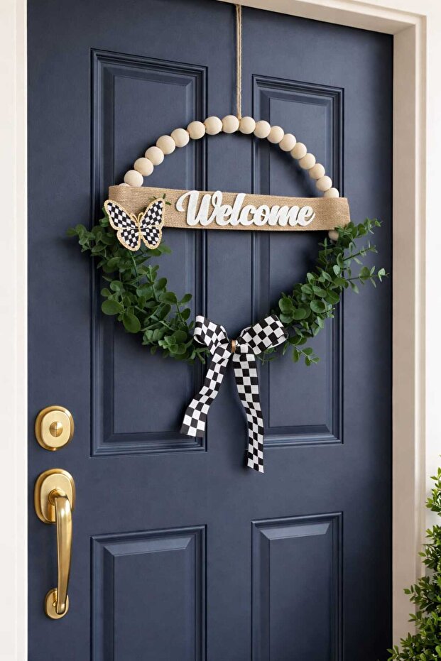 Welcome ahşap boncuklu kapı süsü okaliptus damalı kurdele kelebek modeli kapı süsü - 1