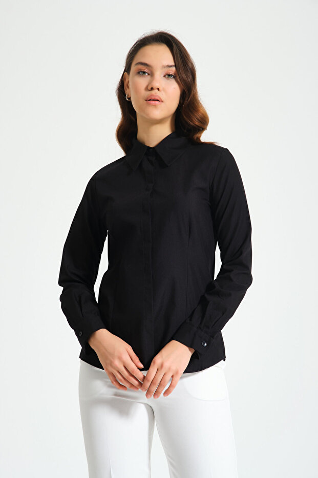 Basic Poplin Siyah Gömlek - 4