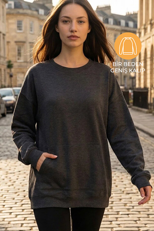 Antrasit Basic Oversize Kadın Sweatshirt - 1