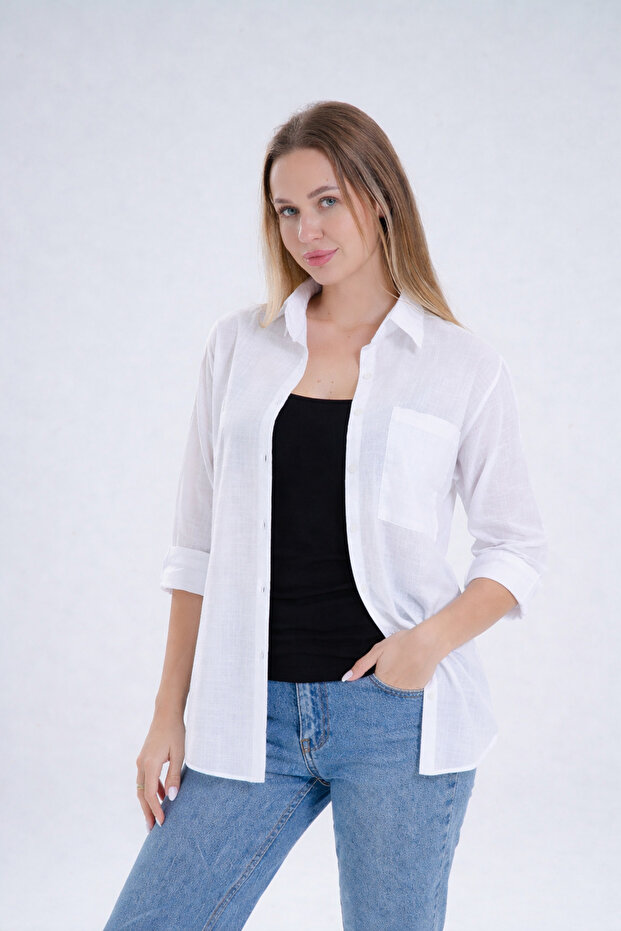 White Flared 100% Cotton Linen Shirt