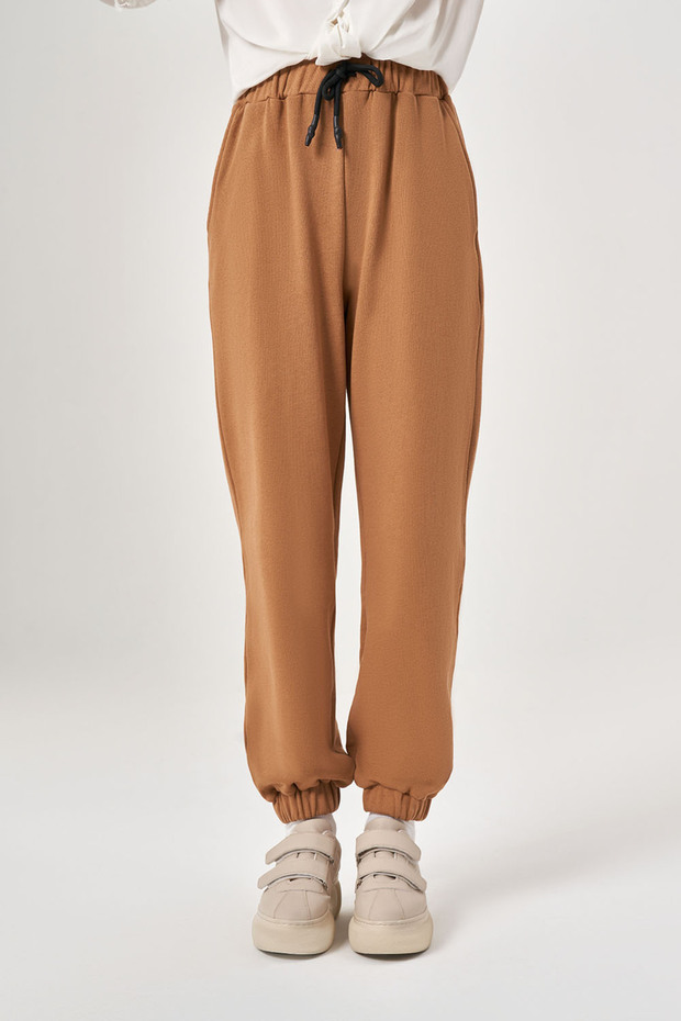 Paça Lastikli Örme Taba Pantolon - 1