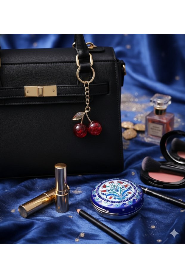 Blue Authentic Motif Stone Mirror & Crystal Cherry Keychain Dual Gift Set