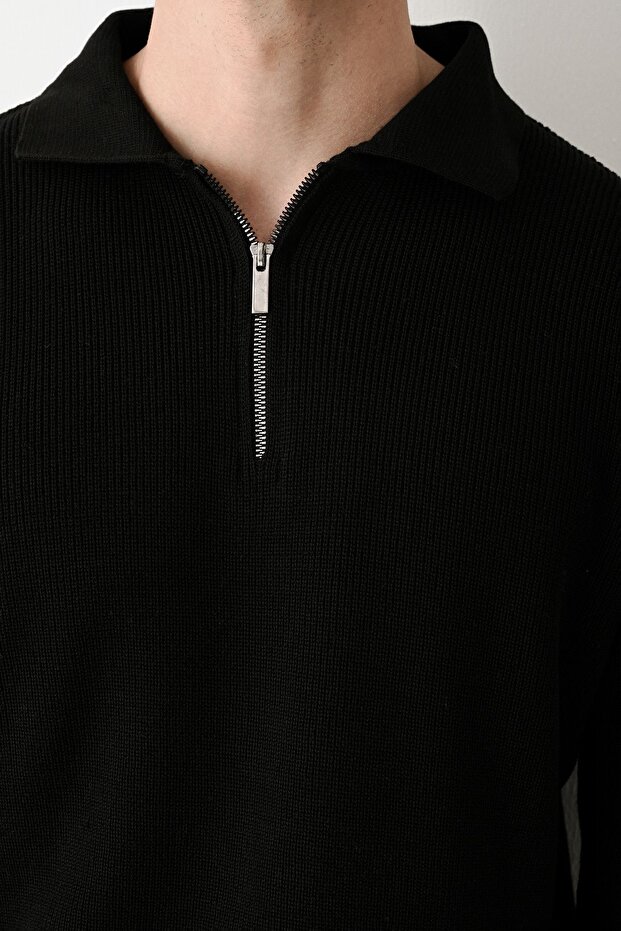 Fermuar Yaka Siyah Premium Basic Çelik Triko Kazak - 3