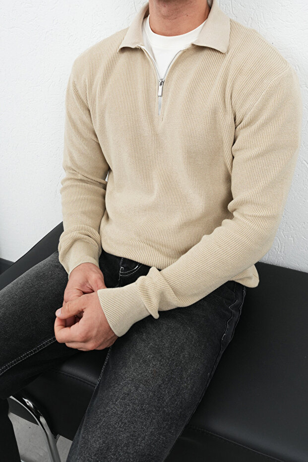 Fermuar Yaka Bej Premium Basic Çelik Triko Kazak - 8