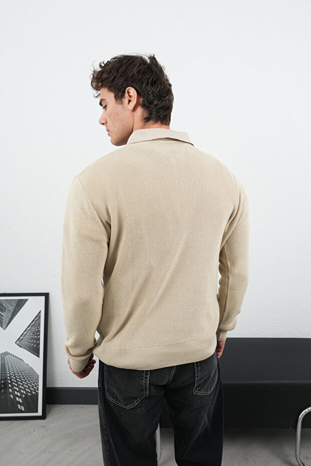 Fermuar Yaka Bej Premium Basic Çelik Triko Kazak - 6