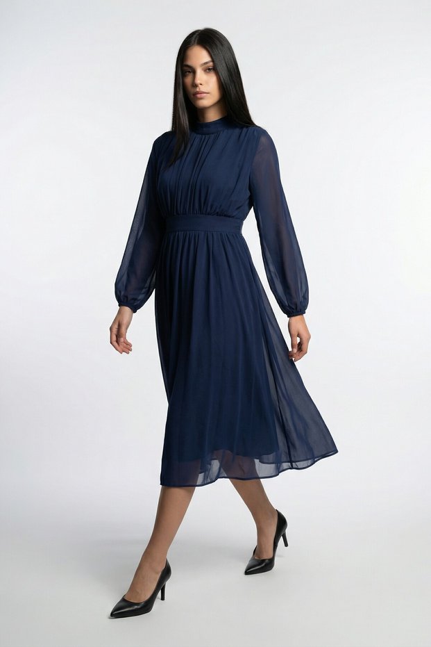 Women's Mock Neck Ruched Detail Lined Midi Chiffon Dress