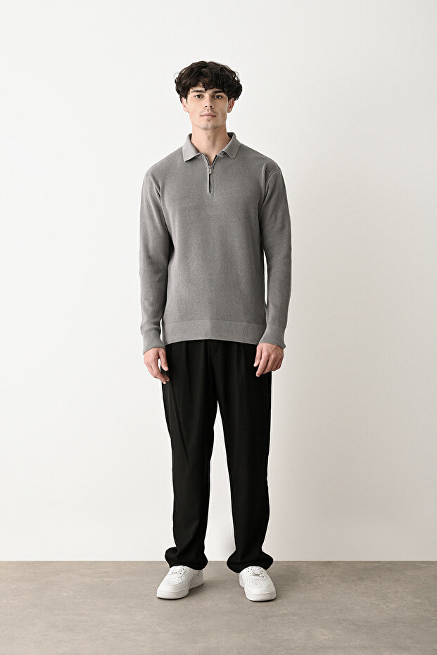 Fermuar Yaka Antrasit Premium Basic Çelik Triko Kazak - 4