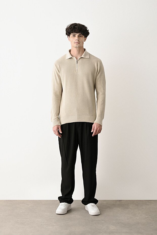 Fermuar Yaka Bej Premium Basic Çelik Triko Kazak - 4