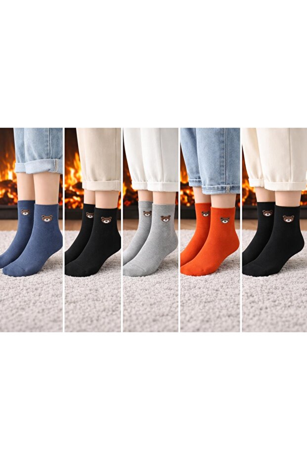 Teddy Bear Patterned Towel Socks 5 Pairs - 5