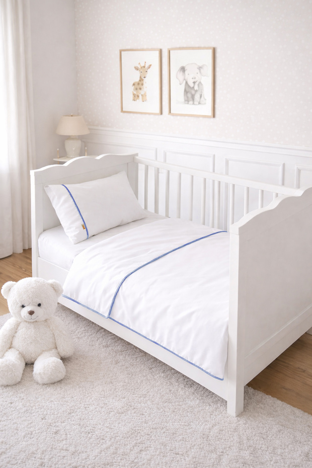 100X150 Plain Blue Piped Off-White 100% Cotton Baby/Child Duvet Cover Set