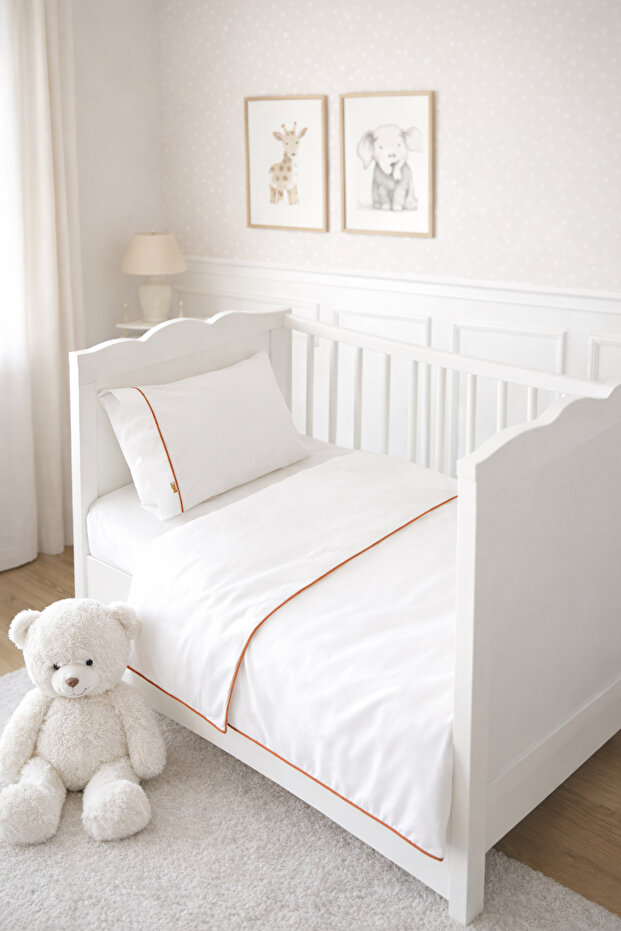 100X150 Plain Cinnamon Piped Off-White 100% Cotton Baby/Child Duvet Cover Set