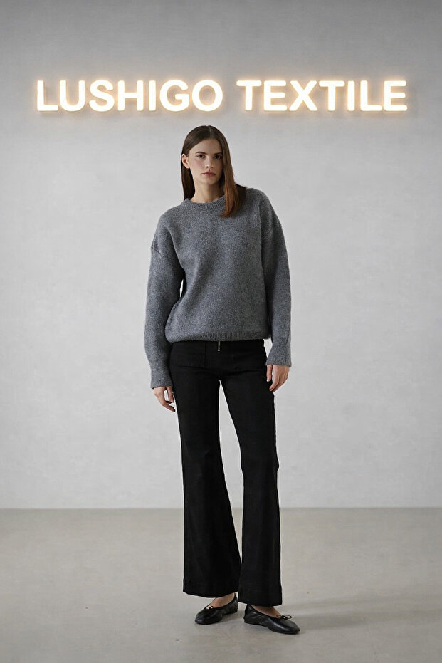 Women's Knitwear Regular Fit Crew Neck Anthracite Extra Soft Wool Textured Oversized Women's Sweater