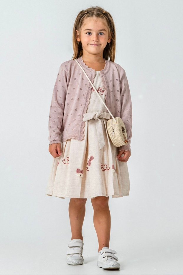 2-9 Years Old Girl's Linen Dress – Summer Dress with Embroidery Detail, Belt, and Cardigan Combination