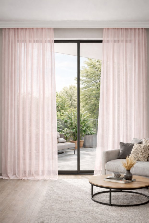 Tulle Curtain Natural Linen Look Living Room No Ironing Lead-Free Single Panel Extrafoam Pink