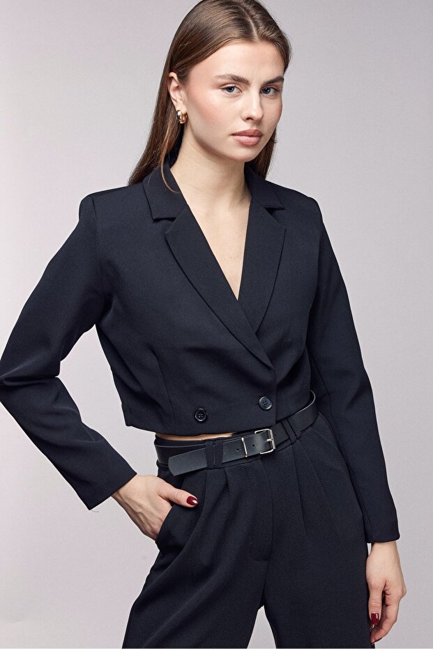 Μαύρο διπλό στήθος Crop Blazer Jacket - 1