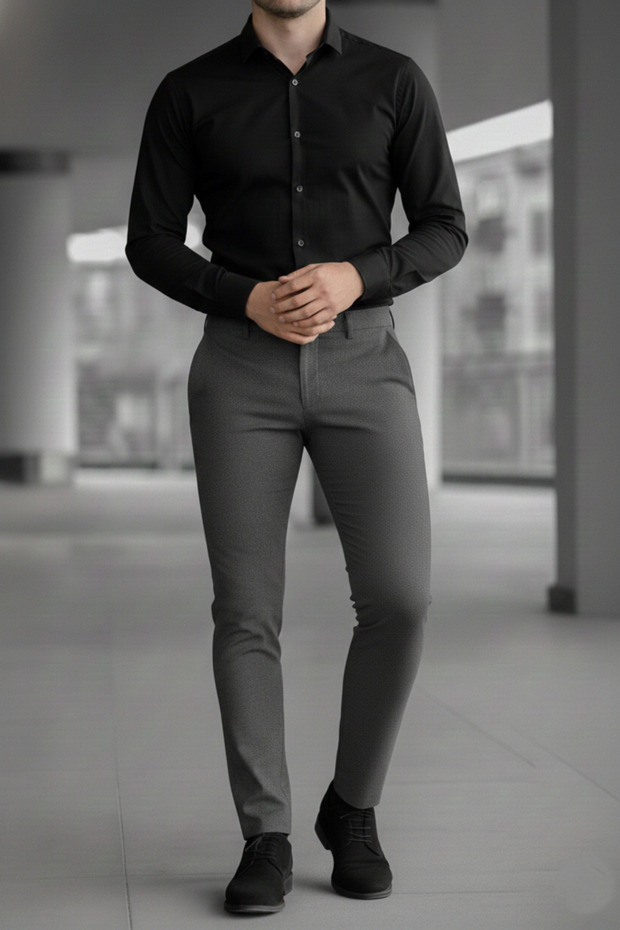 Men's Slim Fit Stretch Fabric Ankle Length Italian Cut Dark Gray Fabric Trousers