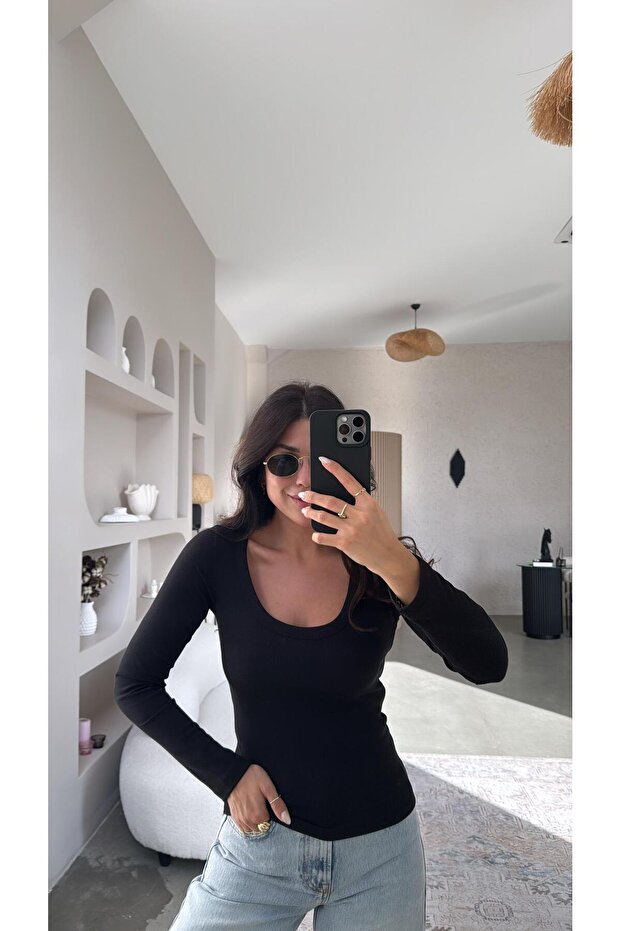Siyah U Yaka Uzun Kollu Fitilli Basic - 3