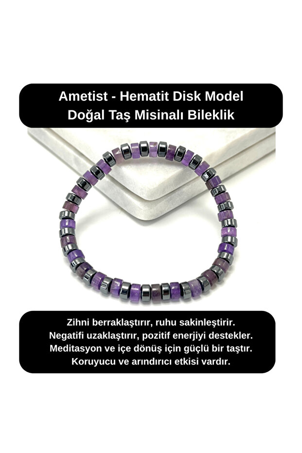 Certified Amethyst - Hematite Disc Model Natural Stone Misinali Bracelet