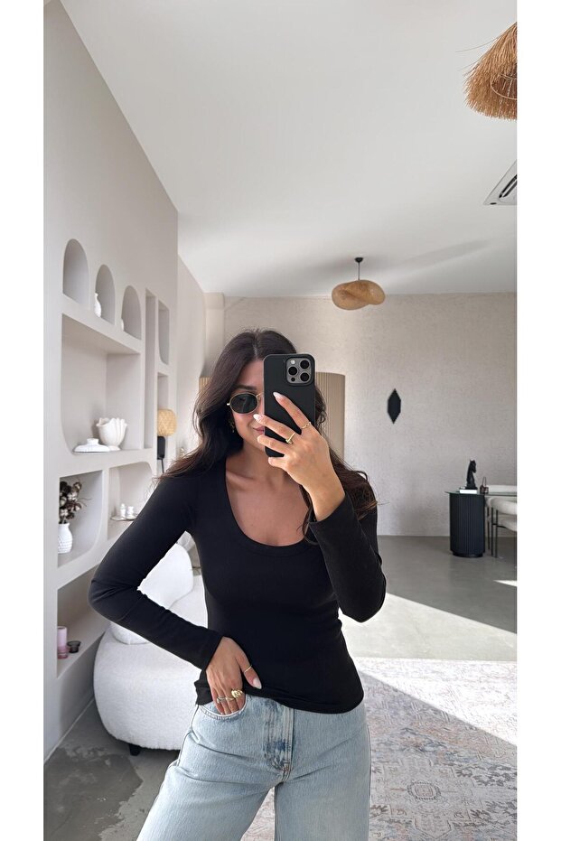 Siyah U Yaka Uzun Kollu Fitilli Basic - 4