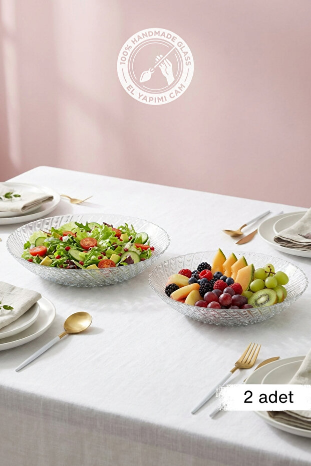 Selen Concept Helis Model Large Size Handmade Glass Salad Bowl and Fruit Bowl Set of 2
