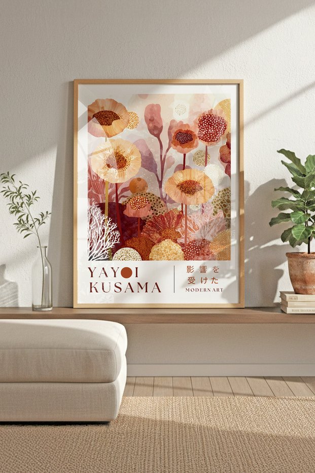 Yayoi Kusama Inspired Modern Flower Garden - Wooden Framed Painting
