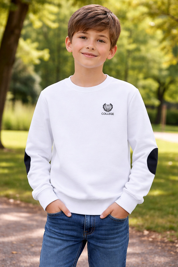 179-01-26 Boy's White Sweatshirt with Elbow Patches Cotton Casual School Top