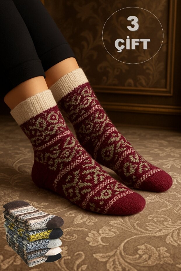 3 Pairs of Ethnic Patterned 100% Wool Winter Women's Knitted Socks, Home Socks (Patterns Are Mixed)