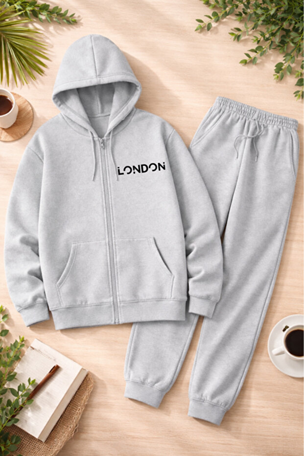Unisex Printed Zippered Hooded Sweatshirt & Jogger Tracksuit Set