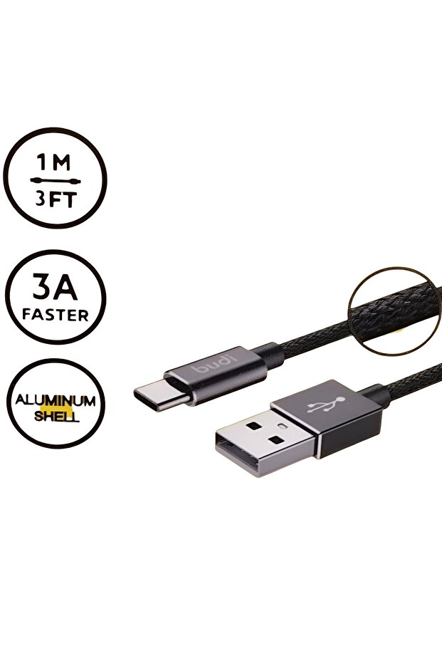 كابل شحن ومزامنة بيانات متين من النايلون المضفر شحن سريع 3 أمبير من USB الى تايب سي أسود