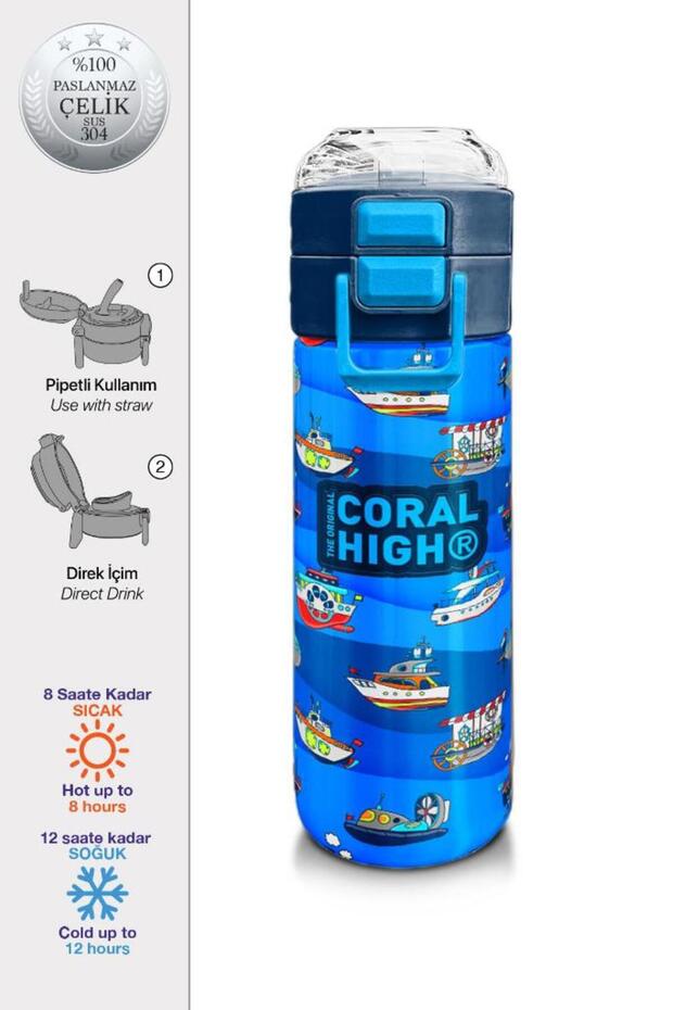 Kids Navy Blue Ship Patterned Steel Thermos with Straw and Direct Drinking 500 ml 31973