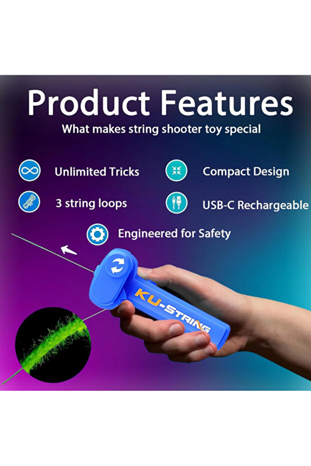 لعبة إطلاق حبل قابلة لإعادة الشحن، مزودة بإضاءة LED، و3 حلقات حبل للخدع البصرية - 8