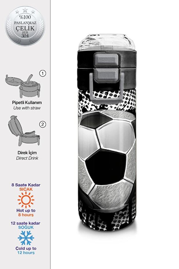 Kids Football Patterned Steel Thermos with Straw and Direct Drinking 500 ml 31816