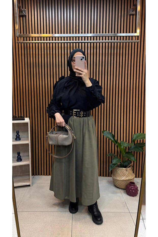Tensel Flared Skirt with Pockets Elastic Waist Js-251020 100% Cotton