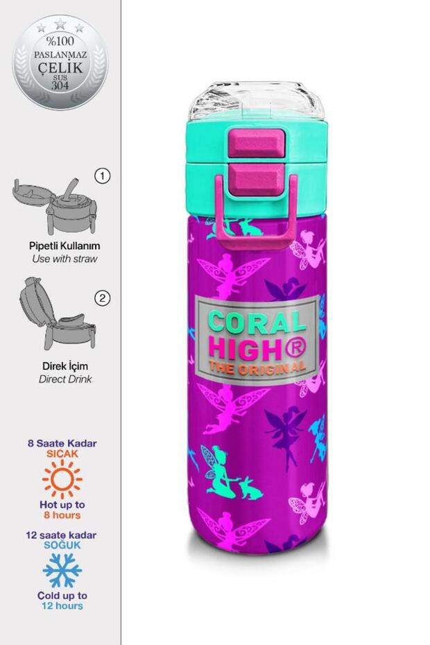 Kids Pink Water Green Fairy Patterned Steel Thermos with Straw and Direct Drinking 500 ml 31900