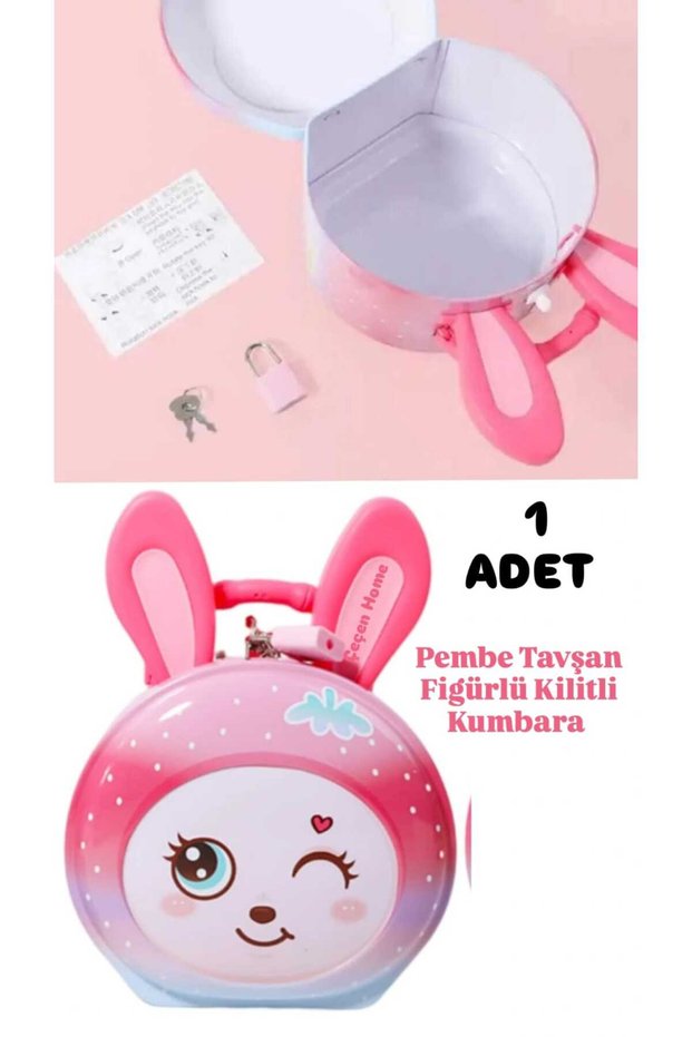 Pink Rabbit Figured Lockable Piggy Bank Metal Piggy Bank with Animal Shaped Bag, Gift for Students 15cm