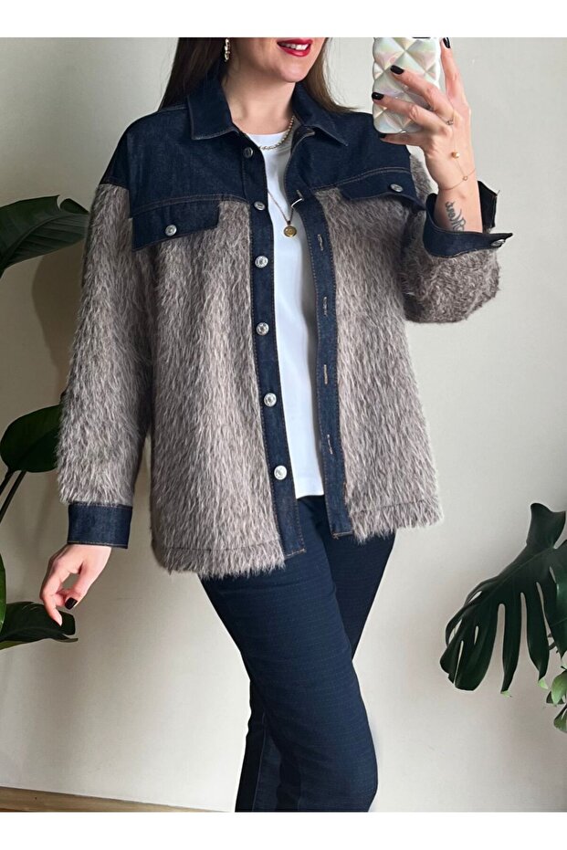 DENİM GARNELİ BUKLET CEKET VİZON - 2