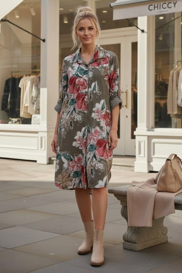Italian Beige Shirt Collar Long Sleeve Floral Allover B Printed Velvet Woven Dress 112 65