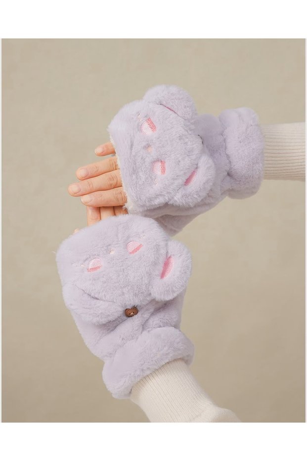 Plush Fingerless Gloves with Cute Teddy Bear Figure | Soft, Warm and Stylish Winter Gloves