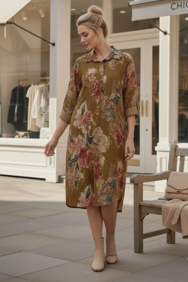 Italian Mustard Shirt Collar Long Sleeve Floral Allover B Printed Velvet Woven Dress 112 65