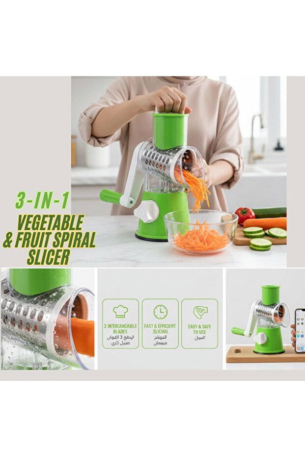 Tabletop Drum Shredder – 3-in-1 Vegetable Fruit Spiral Slicer, Grater, Julienne Cutter