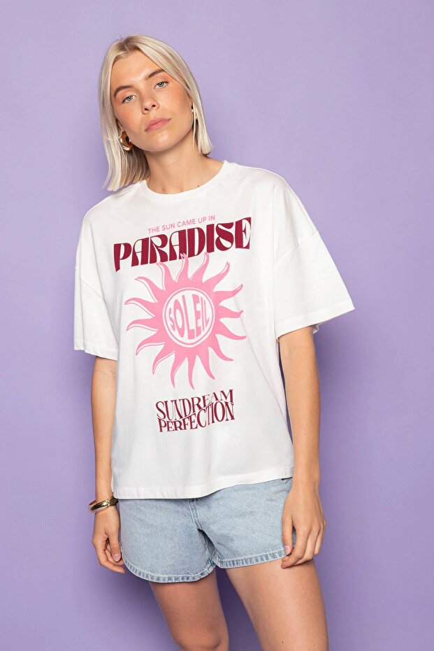 Women's Oversized T-Shirt Paradise Sundream Printed White – Crew Neck, 100% Cotton Compact Single Jersey 24/