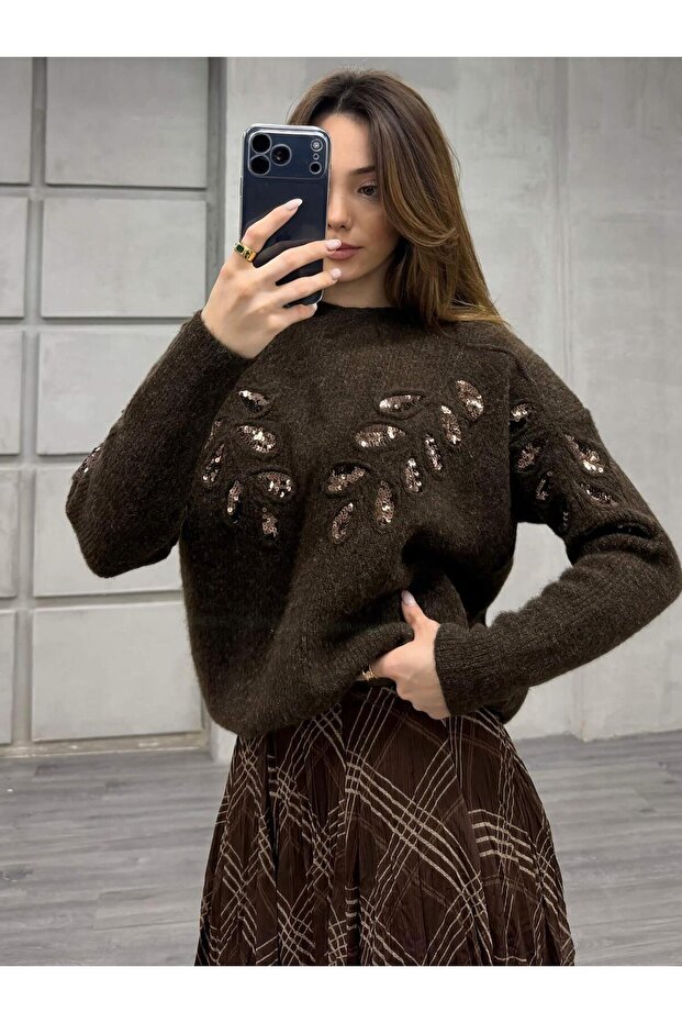 Pullu İşlemeli Kazak 7720 Kahve - 1