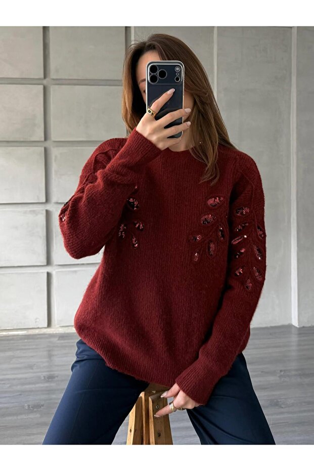 Pullu İşlemeli Kazak 7720 Bordo - 1