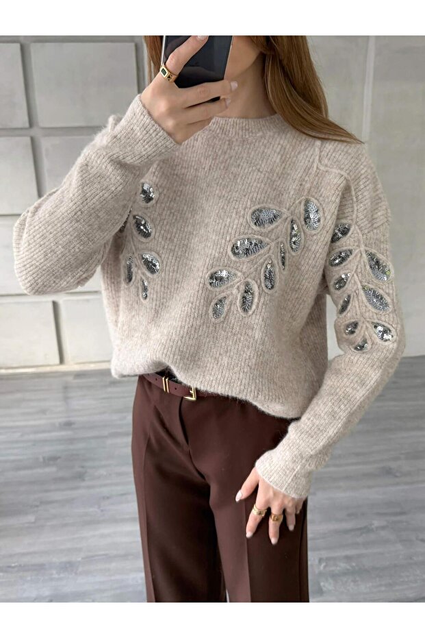 Pullu İşlemeli Kazak 7720 Bej - 2