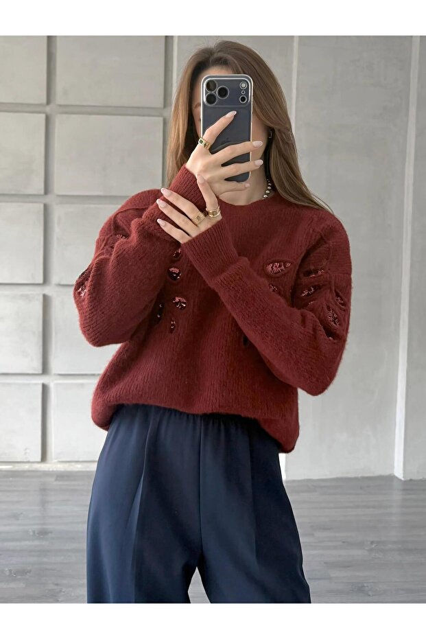 Pullu İşlemeli Kazak 7720 Bordo - 4