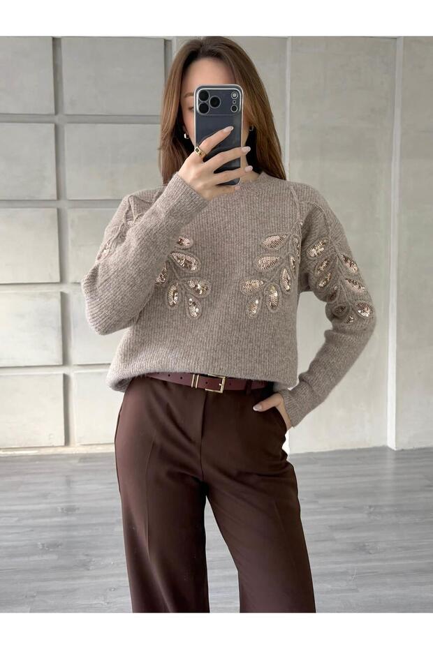 Pullu İşlemeli Kazak 7720 Vizon - 2