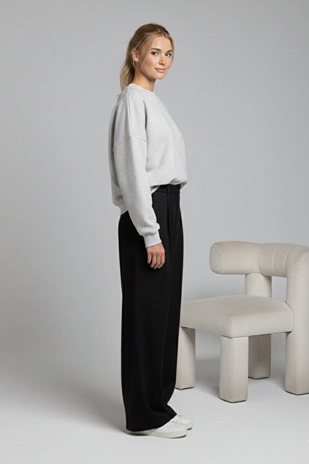 Kadın Geniş Kalıp Bisiklet Yaka Basic Düz Sweatshirt - 3