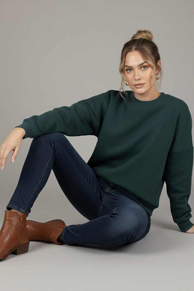 Kadın Geniş Kalıp Bisiklet Yaka Basic Düz Sweatshirt - 1