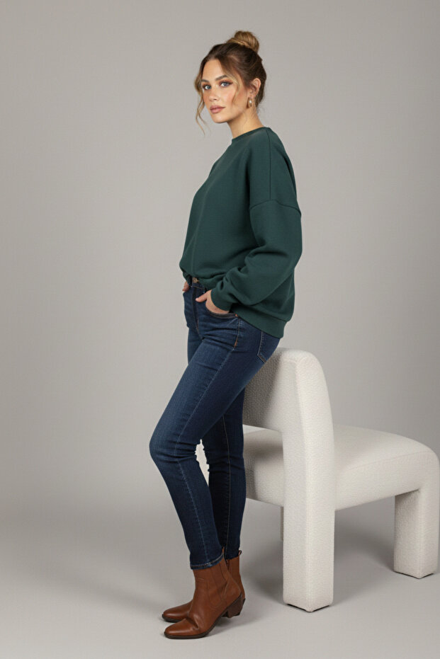 Kadın Geniş Kalıp Bisiklet Yaka Basic Düz Sweatshirt - 5