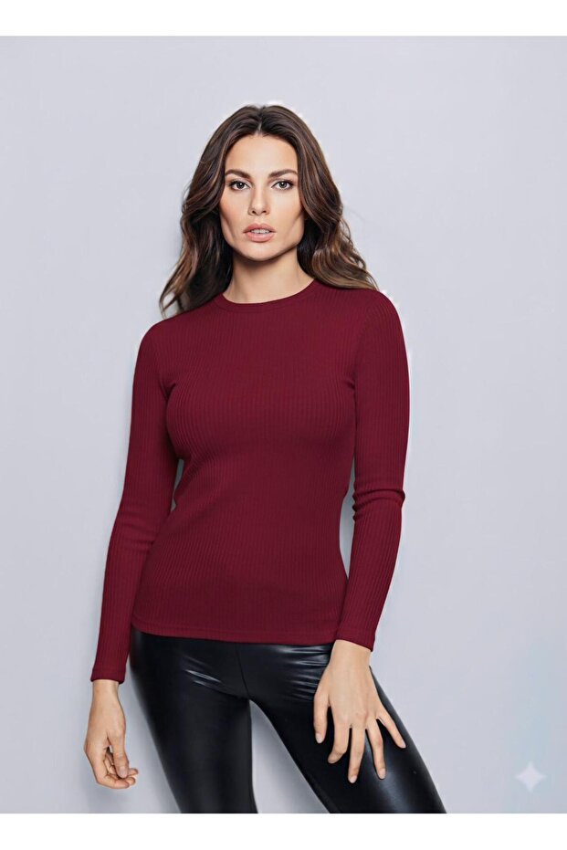 Women's Long Sleeve Burgundy Corded Fabric Bodysuit